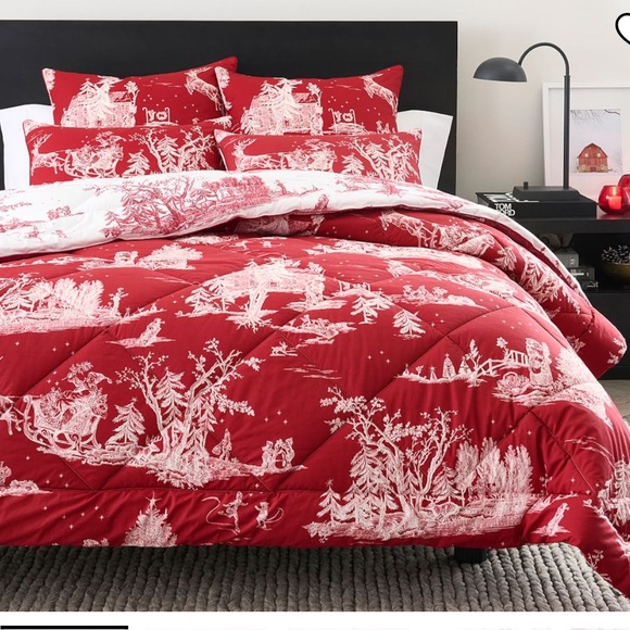 Pottery Barn Reversible Christmas Santa Toile Comforter & Shams NWT Rare HTF - Picture 3 of 8